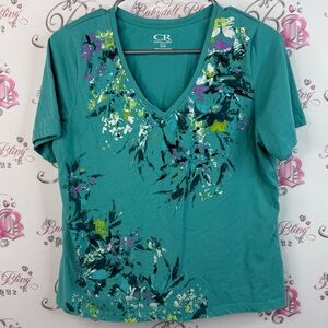 Carroll reed T-shirt flowers abstract Women's Teal Floral Short Sleeve Top